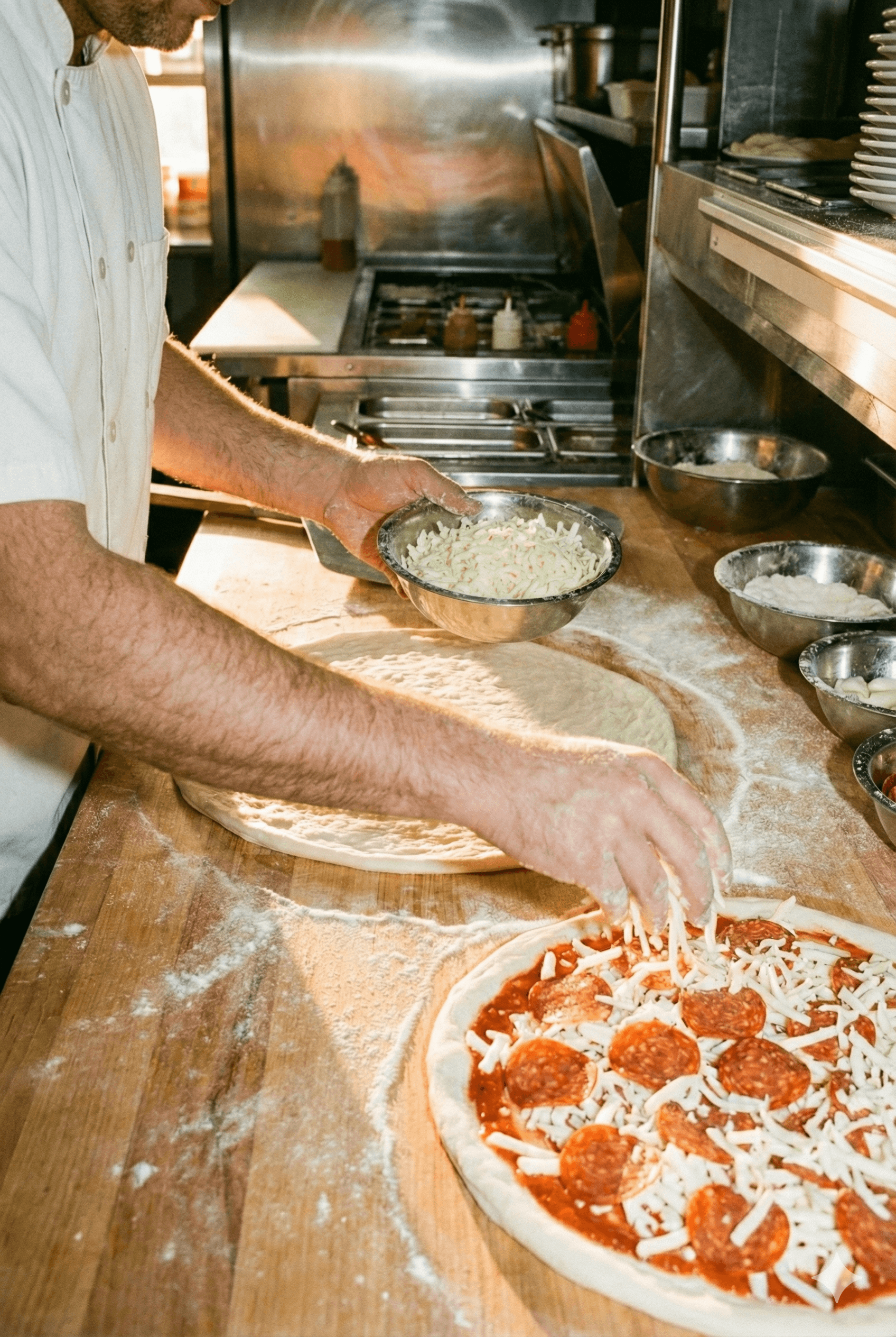 A chef preparing a pizza in a busy kitchen