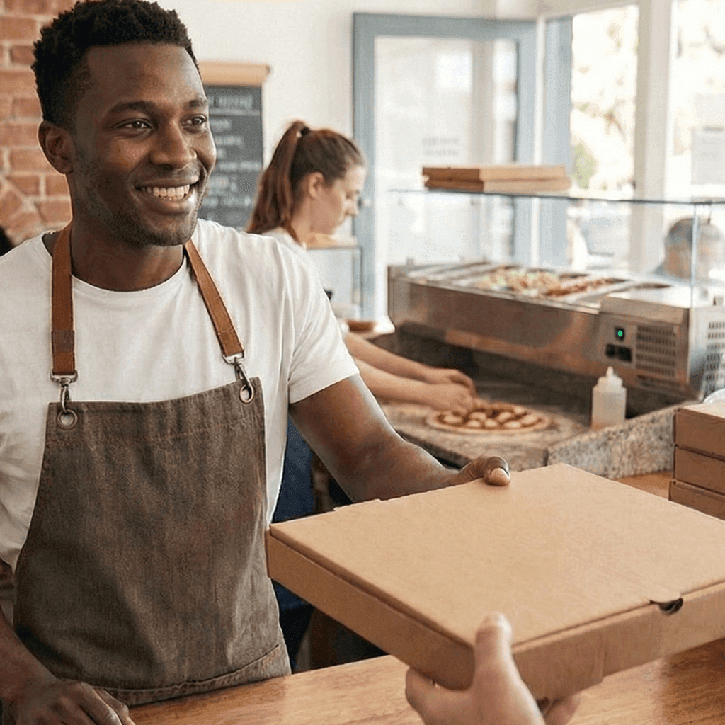Pizzeria staff handing a pizza takeaway box to a customer